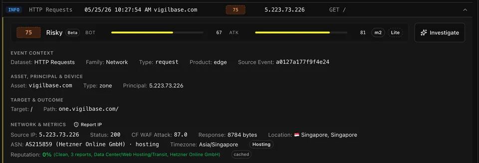 Logs page with the risk score filter and Risky, Caution and Safe labels
