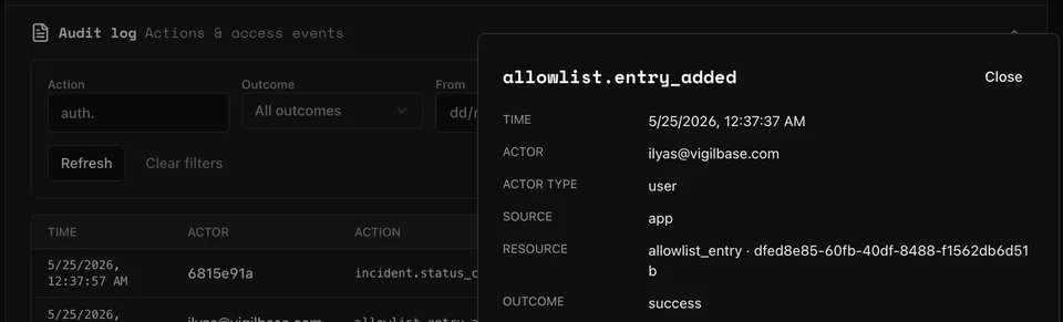 Audit log view with action type and outcome filters